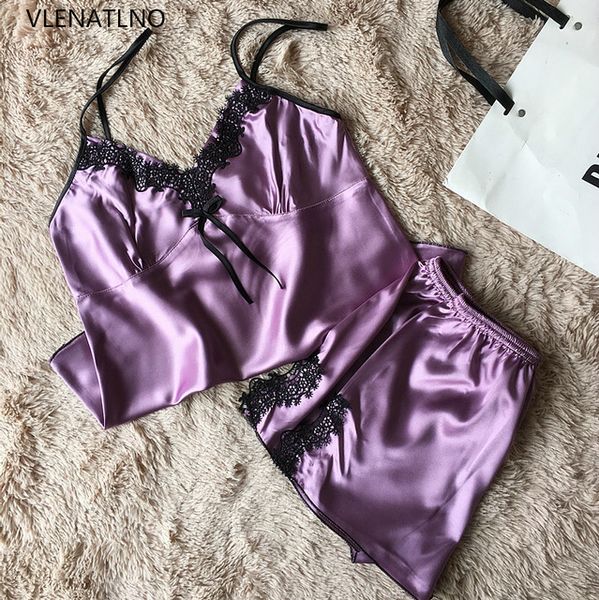 Dames Sexy Silk Satin Pajama Ensemble de dentelle Pajama Ensemble de Pijama sans manches Pijama Set Veille de nuit Vêtements d'épil d'été à la maison de sommeil