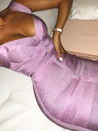 Señoras Sexy cuello pico espalda descubierta púrpura brillante mujeres vendaje Vestido 2022 diseñador moda brillante Vestido de fiesta Vestido