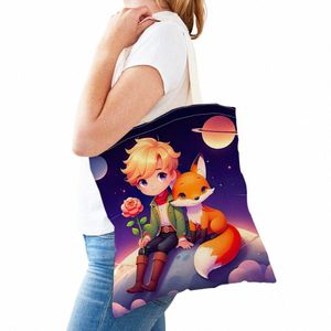 Sacs de magasin pour dames carto à double imprimé Prince Fox Planet Planet Handable Sac de tissu pliable sac Casaul Style Canvas Tote P9NX #