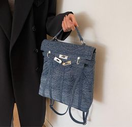 sac à bandoulière pour femme 3 couleurs grande capacité sac à dos en denim doux et épais style collégial couture sac à main en toile sacs à dos de mode à boucle populaires de cette année 6252 #