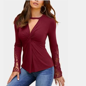 Mesdames Slim Fit Blouse Mode Manches Longues Dentelle Patchwork Chemises Sexy Col V Blouses Femmes