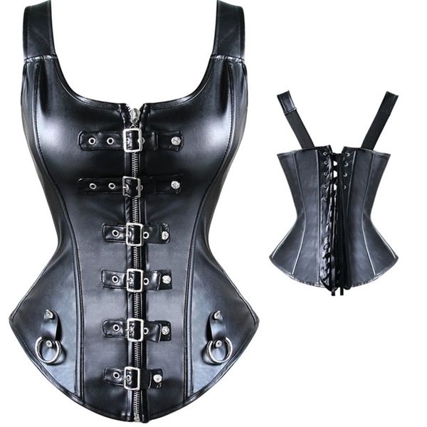 Corsés y corpiños adelgazantes para mujer, lencería Sexy de PVC, corsé de entrenamiento de cintura moldeador de cuerpo negro, Top Steampunk debajo del busto 220524