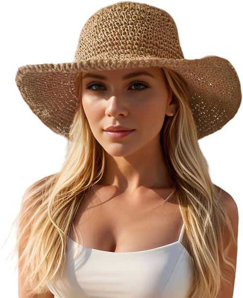 Mesdames style doux grand chapeau de paille de plage pliable d'été à largeur pliable chat de soleil surdimensionnable