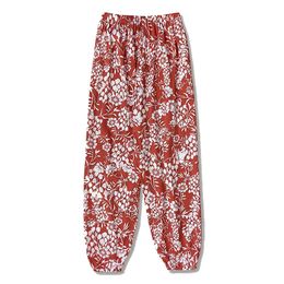 Mesdames Pantalons décontractés de printemps et d'été, imprimé fleur rouge peut être porté à la maison pantalon de climatisation Pantalon solaire