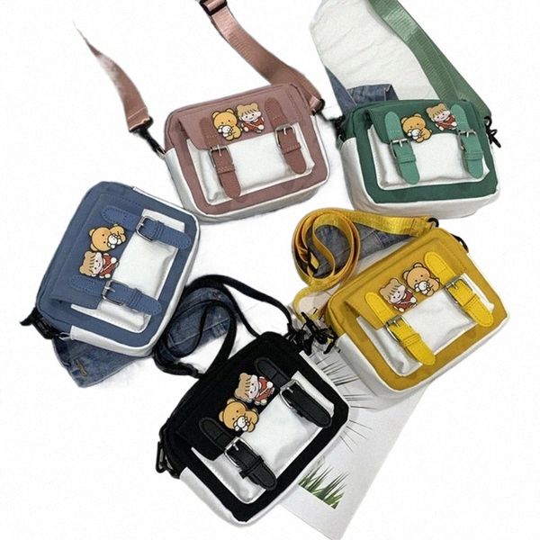 Ladies Square Menger Bolsas con insignias Carto Bolsa de hombro Mujeres Bolsas escolares Fi Nyl Monedero con hebilla G62U #