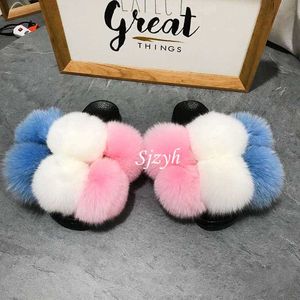 Chanclas de piel de verano para mujer, pantuflas mullidas de mapache, sandalias de felpa para niños, chanclas cálidas para interiores, zapatos femeninos 210712