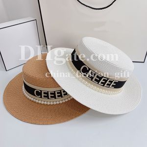 Chapeau d'été pour femmes, chapeau de seau de styliste, chapeau de paille à dessus plat, chapeaux de soleil de voyage et de vacances, chapeau d'herbe en perles, chapeau de protection solaire de plage