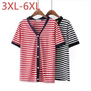 Dames zomer plus size tops voor vrouwen grote korte mouw losse gebreide rode zwarte streep v-hals T-shirt 3XL 4XL 5XL 6XL dames