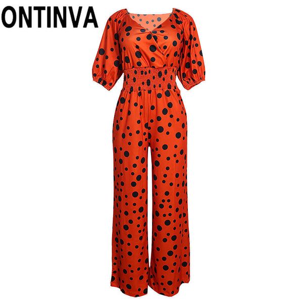 Dames été Sexy à pois col en V manches bouffantes pleine longueur jambe large combinaisons barboteuses couleur Orange noir salopette 210527