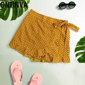 Dames Summer Jupe Shorts Bermuda pour femmes Lotia Mignon Polka Dot Imprimer Tie Side Wrap Volants Overlap White Beach 210527