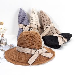 Chapeau de Protection solaire d'été pour femmes, chapeau de pêcheur à larges bords avec nœud pliable, chapeau de plage de couleur unie pour bord de mer