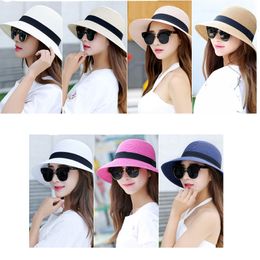 Dames zomer brede rand zon hoed vrouwen floppy sunhat outdoor vouwen strand strohoeden UV-bescherming cap met lint groothandel