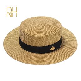 Dames Sun Boater chapeaux plats petite abeille paillettes chapeau de paille rétro or tressé chapeau femme parasol brillant casquette plate RH 220307