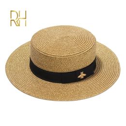 Señoras Sun Boater Sombreros planos Pequeña abeja Lentejuelas Sombrero de paja Retro Sombrero trenzado dorado Sombrilla femenina Brillo Gorra plana RH 220517