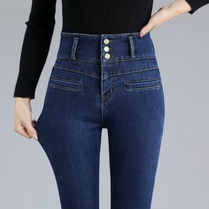 Dames superhoge taille sexy skinny jeans winter retro blauw zwart dikke elastische denim potloodbroek 220526