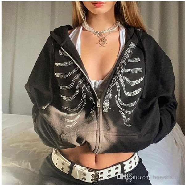 Dames 2023 Printemps Strass Squelette Hoodies Femmes Gothique Noir Zip Up Surdimensionné Sweats Femme Rétro Harajuku Veste À Capuche Streetwear