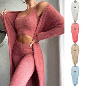 Conjunto de ropa de salón Teddy para mujer, chándal de 3 piezas para mujer, cárdigan de pijama de lana, chándal de 3 piezas, cárdigan de pijama de lana G0113