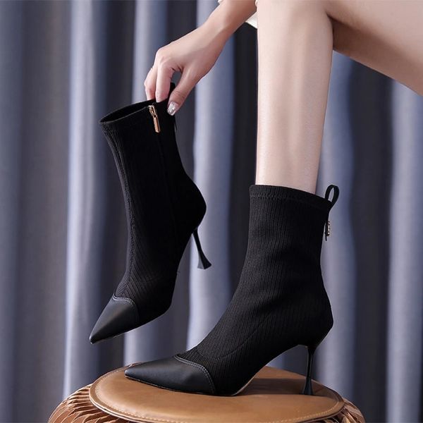 Botas de tobillo de primavera y otoño para mujer, botas elásticas de punto puntiagudas sexis, zapatos de moda para mujer de tacón alto