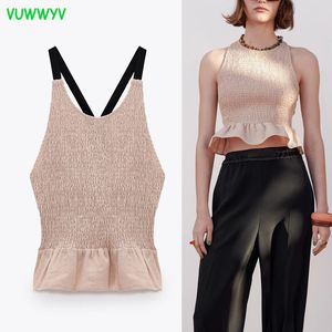 Dames Tops Beige Ruche Backless Crop Top Dames Blouses Zomer Contrast Dunne Strap Vrouw Blouse Vrouw 210430