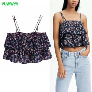 Mesdames Tops Navy Blue Floral Print Ruffle Crop Top Femmes Summer Off Scolare femme Blouses Fashion Elastic 210430