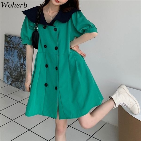 Vestido de mujer Verano Kawaii Camisa suelta Vestidos Mujeres Mini Puff Manga Vestido Elegante Moda coreana Robe Femme 210519