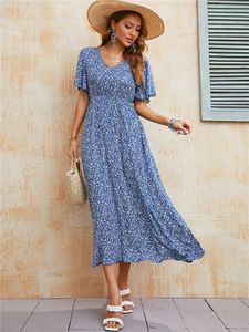 Mesdames Vintage Boho Print Summer Dres Casual Blue Elastic Affaire Bohemian Beach Sundredes Robe Vestidos Femme 240418