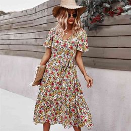 Dames Vintage Maxi Floral Print Zomer Dres Bohemian Slim Casual Hoge Taille Bandage Beach Vrouwelijke Vestidos 210623