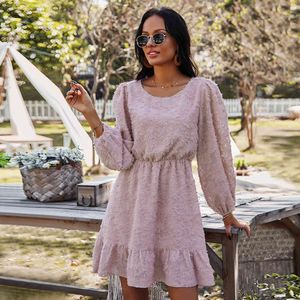 Dames Vintage Solid Lente Zomer Jurk Dames Lantaarn Mouw Casual Hoge Taille Roze Losse Vrouwen Jurk Vrouwelijke Vestidos Mujer 210416