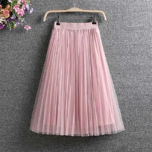 Dames Vintage Summer Jupes Femmes Casual Élastique Taille Haute Élégant Sexy Midi Plissé Mesh Tutu Jupe Femmes Tulle Jupe Femme 210310