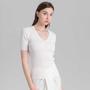 T-shirt basique tricoté à manches courtes et col en V pour femme, blanc, coupe cintrée