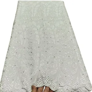 Tela de algodón perforada blanca para mujer, costura de tul, estilo de encaje elegante, tela suiza con piedras, vestido Formal de fiesta de boda, diseño alto, novia, 5 yardas, Suiza, YQ-8009