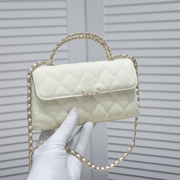 Porte-cartes de téléphone blanc pour femme Sacs portefeuille longs avec poignée en métal croisée supérieure Fourre-tout Trousse de maquillage de grande capacité Or SNAP GHW Sac à main à bandoulière 19X10CM