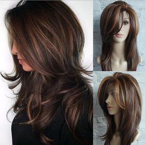 Perruques synthétiques pour femmes, perruque à reflets dorés et bruns, bouclée, bouclée, pelucheuse, fleur de poire, boucle, cheveux mi-longs et lisses, FZP149