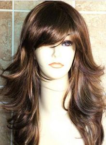 Perruque femme longue 2 tons marron blond mode perruque coupe en couches frange latérale cheveux