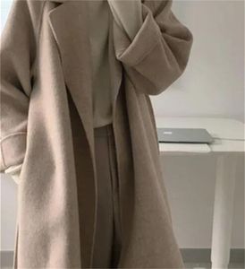 Manteau Long en laine pour femmes, élégant, avec ceinture, manches de couleur unie, vêtements d'extérieur chics, automne hiver, pardessus XL