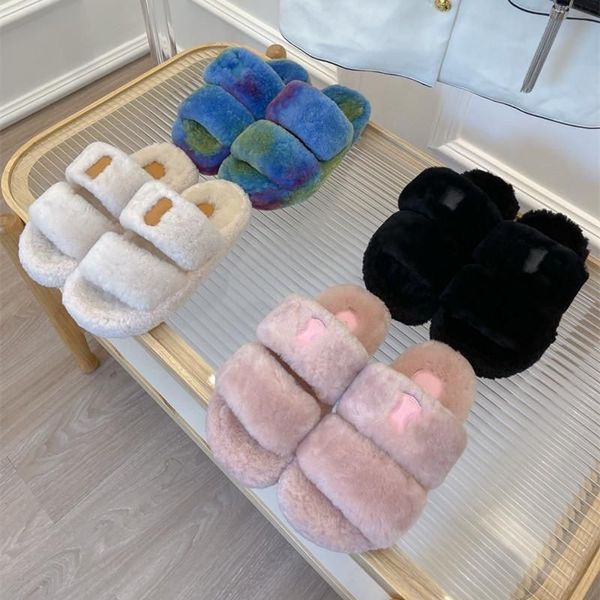 Pantoufles en laine d'agneau pour femmes, sandales en laine Triomphe Sliders Flip Flop Fourrure d'hiver Fluffy Furry Warm Letters Confortable Fuzzy Open Toe Pantoufles pour femmes