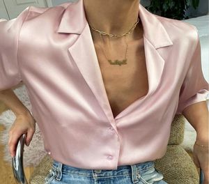 Mesdames Work Wear Tops Down Collar rose femelle Silk Silk Pink Shirts Blouse Femmes Tops Blusas Femininas Elegant Short à manches courtes T5975818