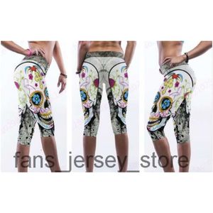 Dames Yoga Compressielegging Grappige Bloemen Schedel Fitness Capri Broek Witte Hoge Taille Danslegging Slanke Running 3/4 Broek