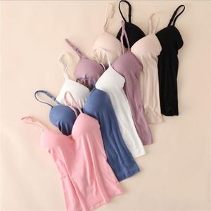 Lady Camis Soft Tank Casual Top Verstelbare dunne riem Vest Womens Camisole met ingebouwde plankbeha Wit naakt roze wit 220607