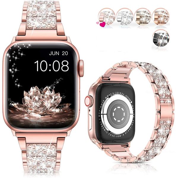 Lady Chain Diamonds Link Métal Acier Montres Bracelets Bracelet pour Apple Watch iWatch Série 7 6 5 4 Taille 42 44 45mm 38 40 41mm