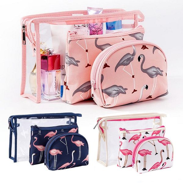 Bolsa de almacenamiento de cosméticos para mujer Diseño de flamenco Bolsa de lavado de PVC impermeable portátil Juego de tres piezas Paquete de viaje Hotel Hogar XD23062