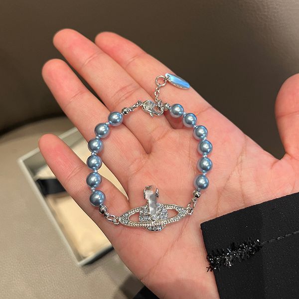 Braceuse de concepteur Blue Saturn Perle Bracelet Chaîne Niche Full Diamonds Planet Hand Bijoux