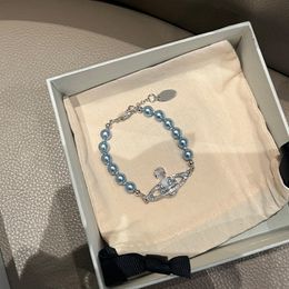 Lady Designer Colliers Nouveau Bleu Saturne Perle Bracelet Chaîne Niche Pleine Diamants Planète Main Bijoux