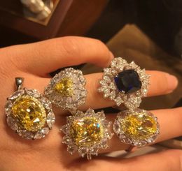Lady diner elegante luxe zirkoon diamant persoonlijkheid teelt geel blauwe ring zoet netto rood meisje Ring Necklace1024598