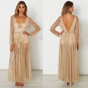 Lady soirée robe longue avec strass or Maxi robe manches longues maille Sexy col en v profond vêtements