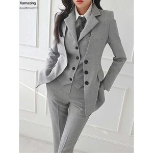 Lady Fashion Office 3 -delige Blazer Pak Women Business Formal Outfits Vintage ingekapte rinkeljacks Knop Vest Pants Set 240127