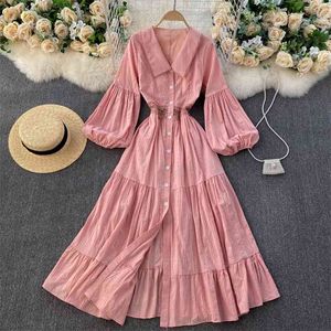 Lady Fashion Retro Long Lantern Manga A-Line Vestido Mujeres Recortado Cintura de encaje Thin Holiday Elegante Vestidos de Mujer Q681 210527