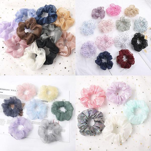 Dame meisje Haar Scrunchy Ring Elastische haarbanden Organza Stip Plaid raster Dikke darm Sport Dans Chouchou Mesh Chiffon Haartouwen