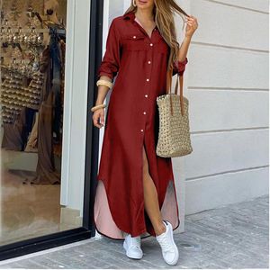 Lady Maxi Lange jurken mode pendelende shirtdresses nieuwe zomer herfst pure solide kleur casual elegante kleding voor vrouwen stijlvol kantoorjurk