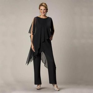 Lady Mom Casual Summer Wear para mujer Black Mother Of The Bride Pant Suits Ladies Chiffon Wedding Party Evening Suit Set284T